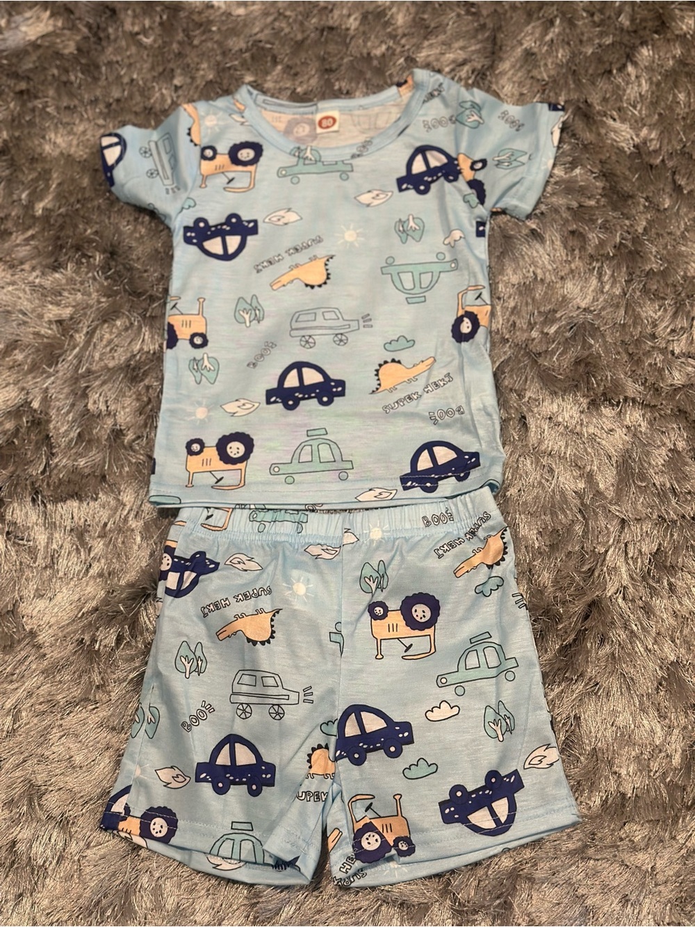 Light Blue Kids Pajama Set with Vehicle Print